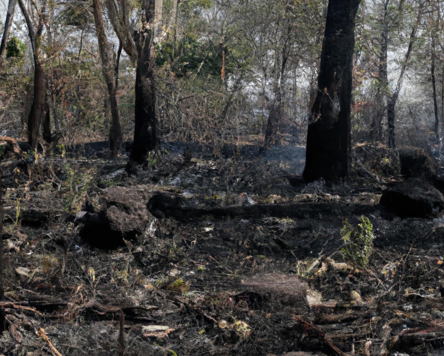Shows a forest, which is burnt down.